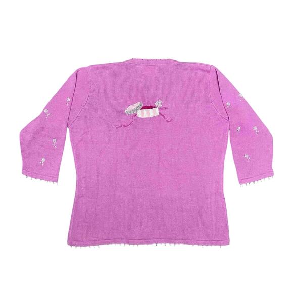 Storybook Knits Paris Theme Cardigan Sweater 1X Pink Embroidered Ramie Cotton - Picture 2 of 9
